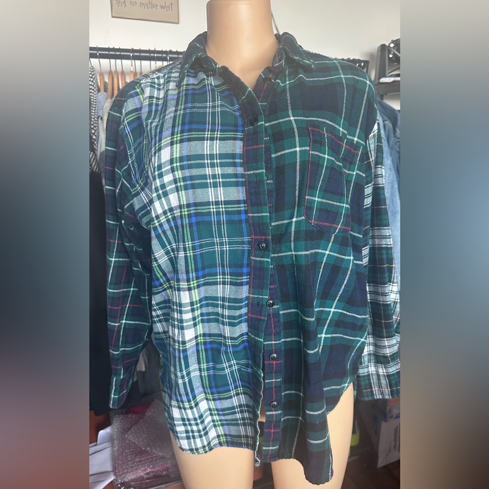 GAP Women's Plaid Button-Down Shirt - Blue and Green